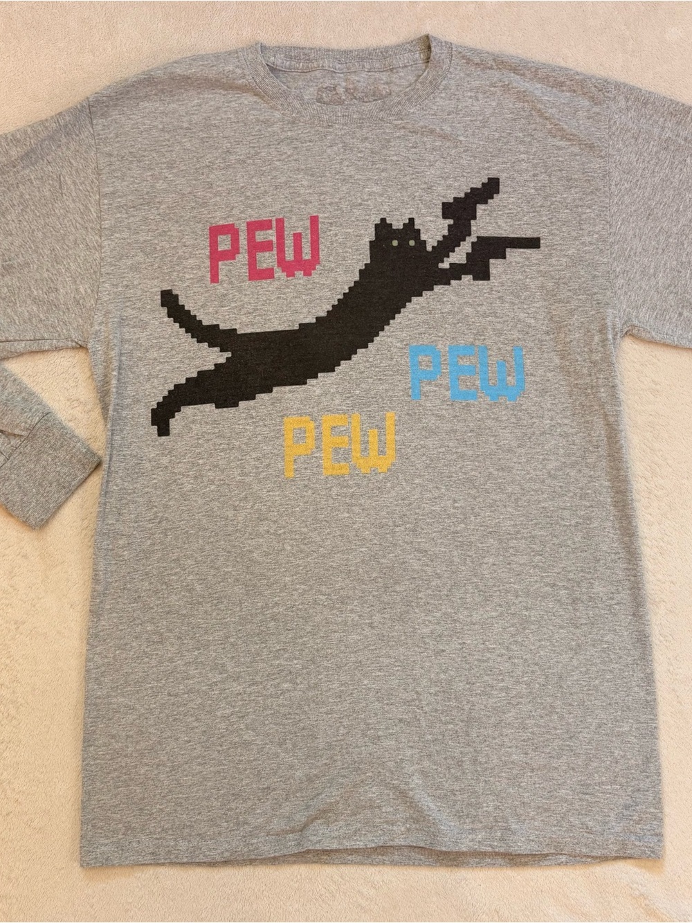 Pew Pew Pew Cat Long Sleeve Graphic Tee with Pixel Cat Sz S